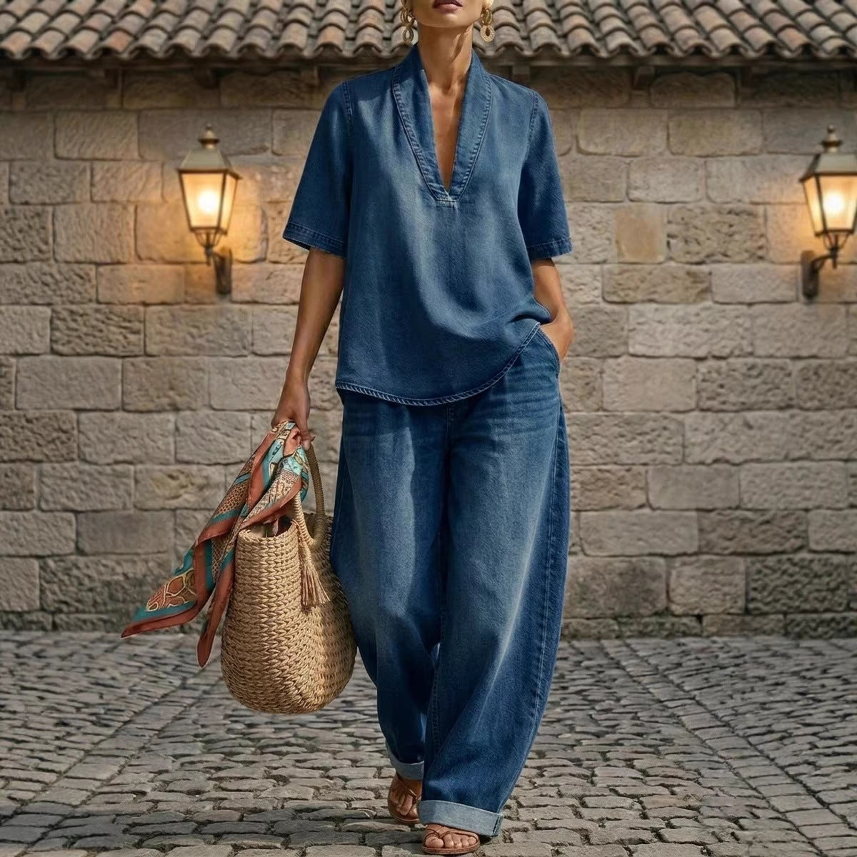 Washed Denim V-Neck Top and Wide-Leg Pants Set - Image 4