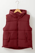 A deep burgundy hooded puffer vest with a front zip closure, two zippered pockets, and a drawstring hem displayed against a white background.