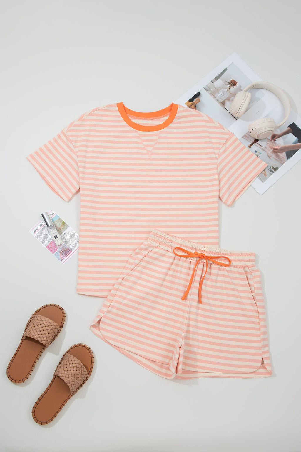 Adelina Stripe Contrast Loose Tee and Matching Shorts Summer Set