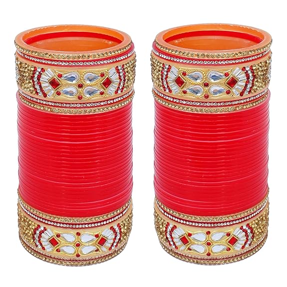 Designer red and gold bridal chuda set with white stone accents