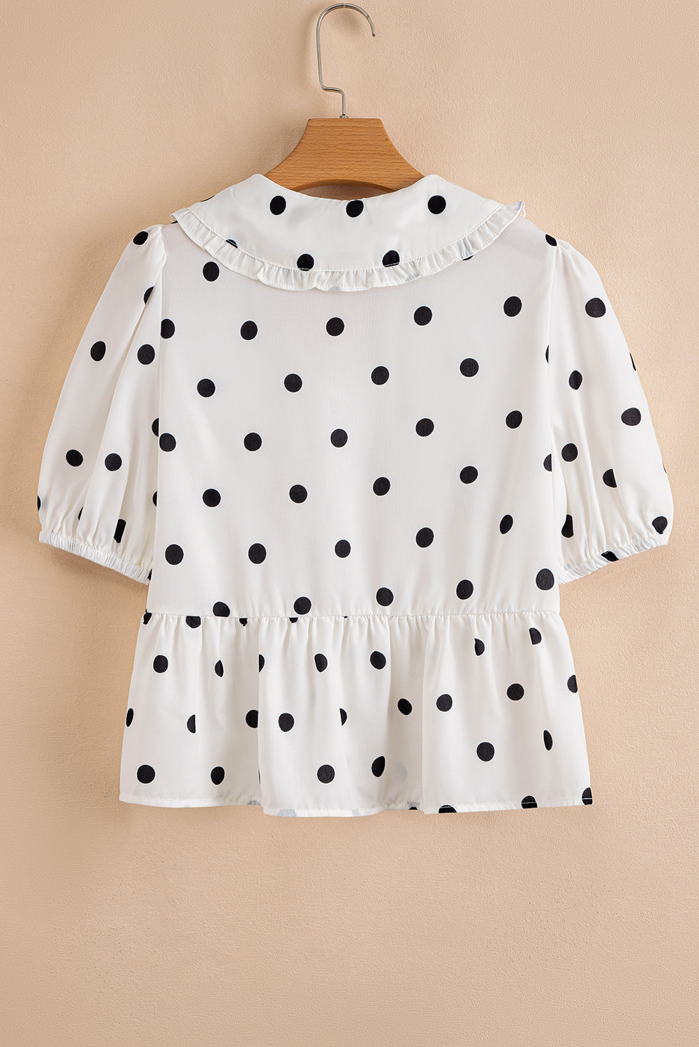 Polka Dot Collared Lace-Up Peplum Top