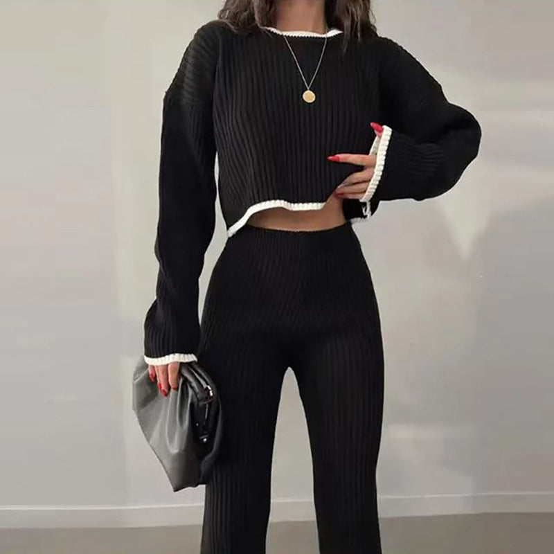 Women's Casual Ribbed Color-Block Two-Piece Crop Top & Pant Set - Image 7