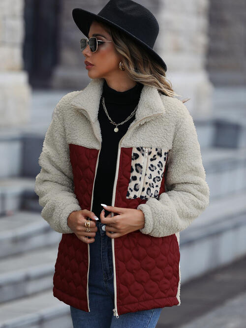 Women's Leopard Color Block Zip-Up Jacket
