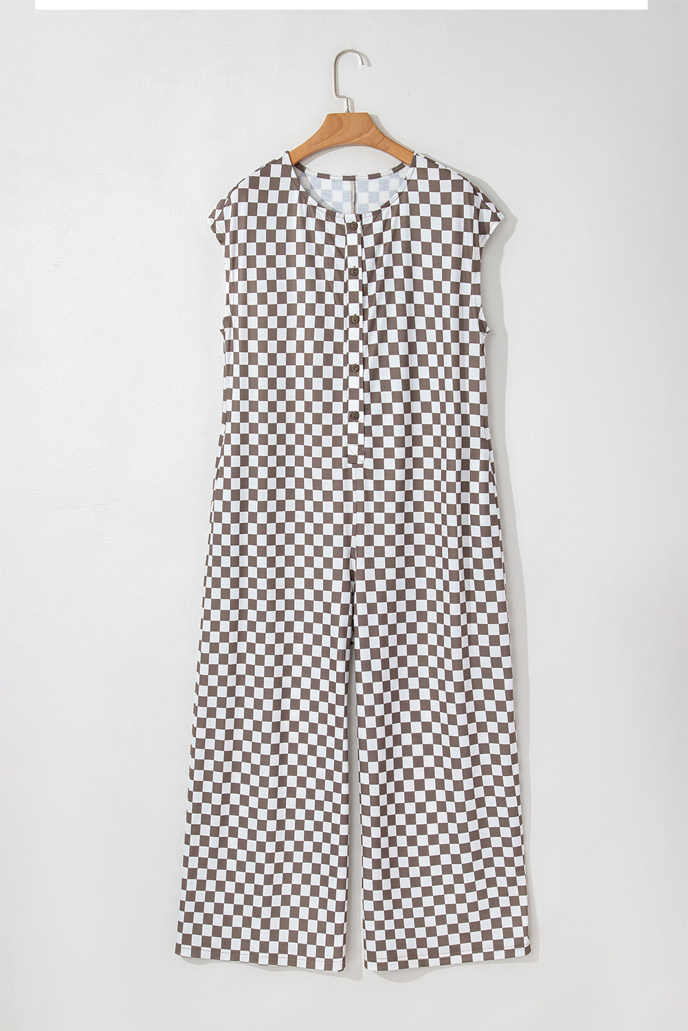 Paisley Checkered Buttoned Crew Neck Wide Leg Jumpsuit