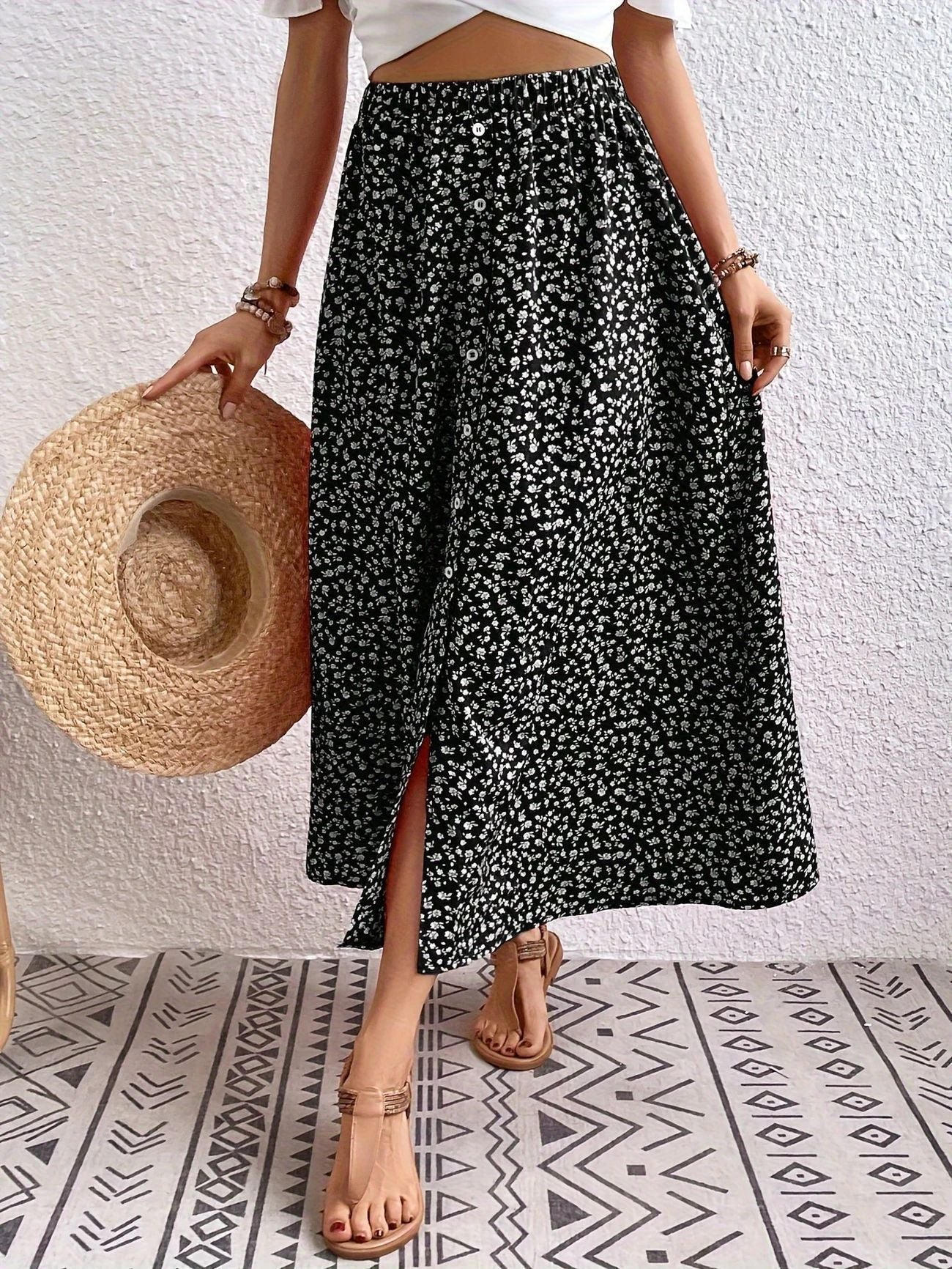 Bohemian Floral Print A-Line Skirt with Self-Tie Waist