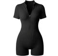 Womens Workout rompers Ribbed Yoga Rom Romper Tummy Control Sexy Jumpsuits One Piece Short Sleeve Zip Up Romper
