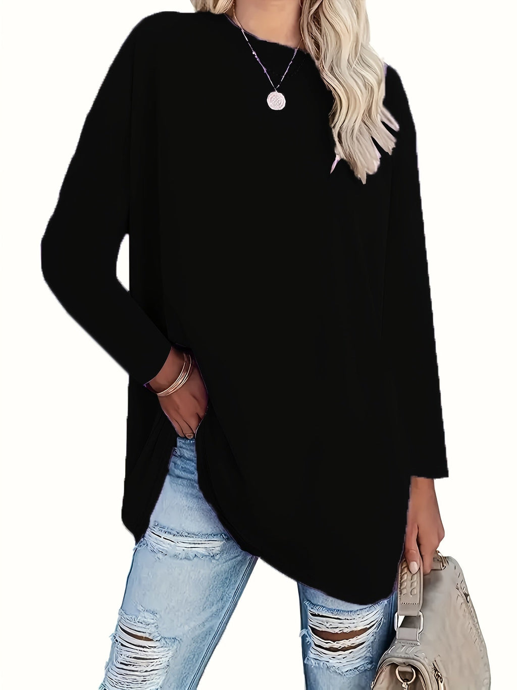 Women's Casual Loose Long Sleeve Top Crew Neck Shirt - Image 8