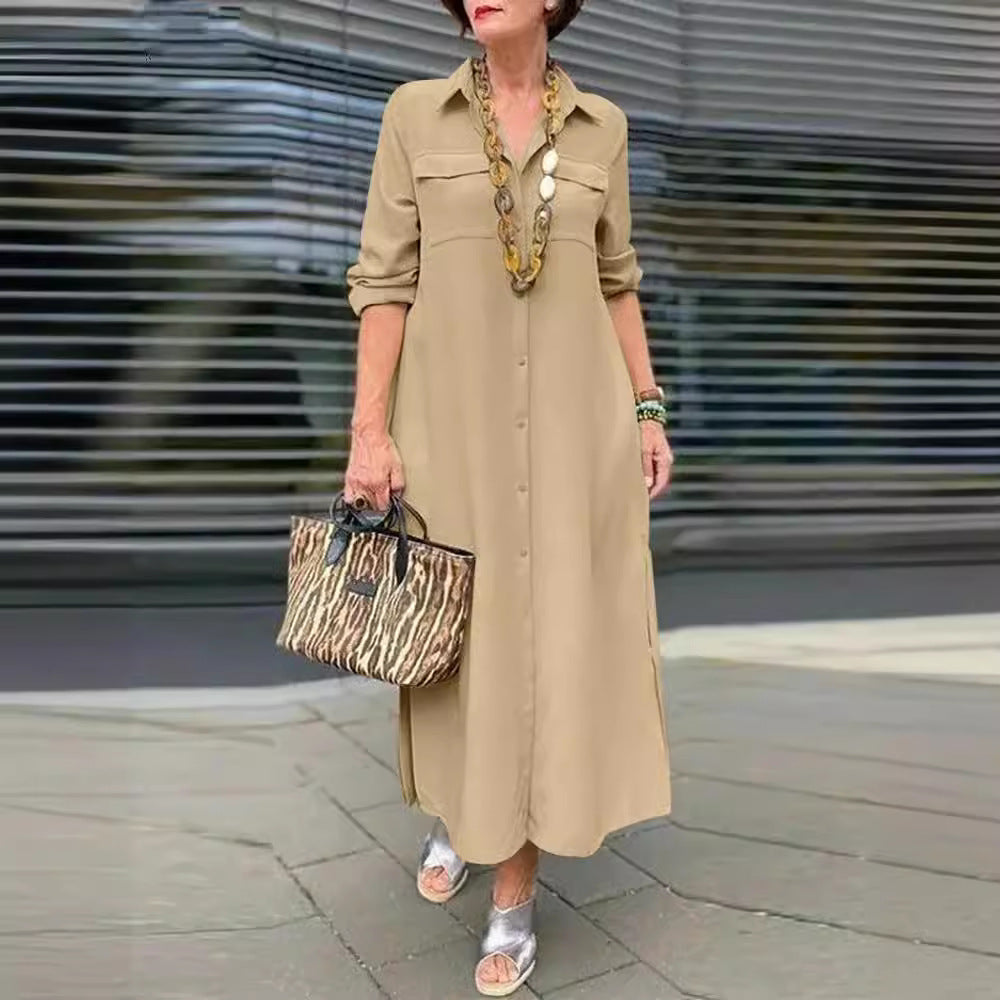 Elegant button-front lapel dress with long sleeves in solid minimalist colors