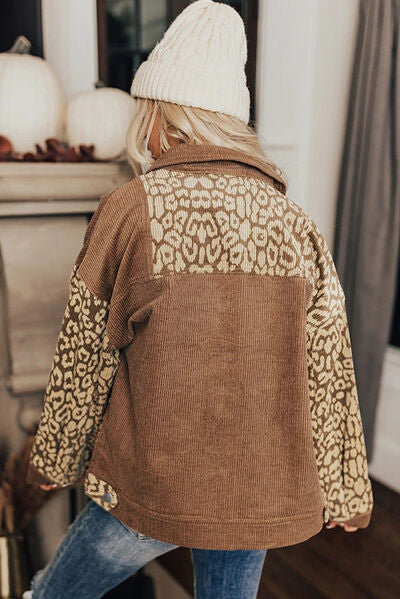 Women's Leopard Print Drop Shoulder Jacket in Brown and Beige