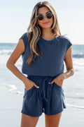 Ashleigh Blue Knit Open Back Cap Sleeve Drawstring Romper