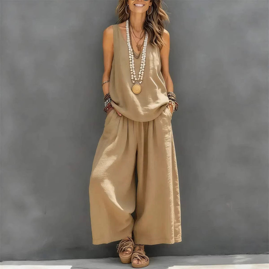 Women's Cotton Linen Sleeveless Tank Top and Wide-Leg Pants Set - Image 5