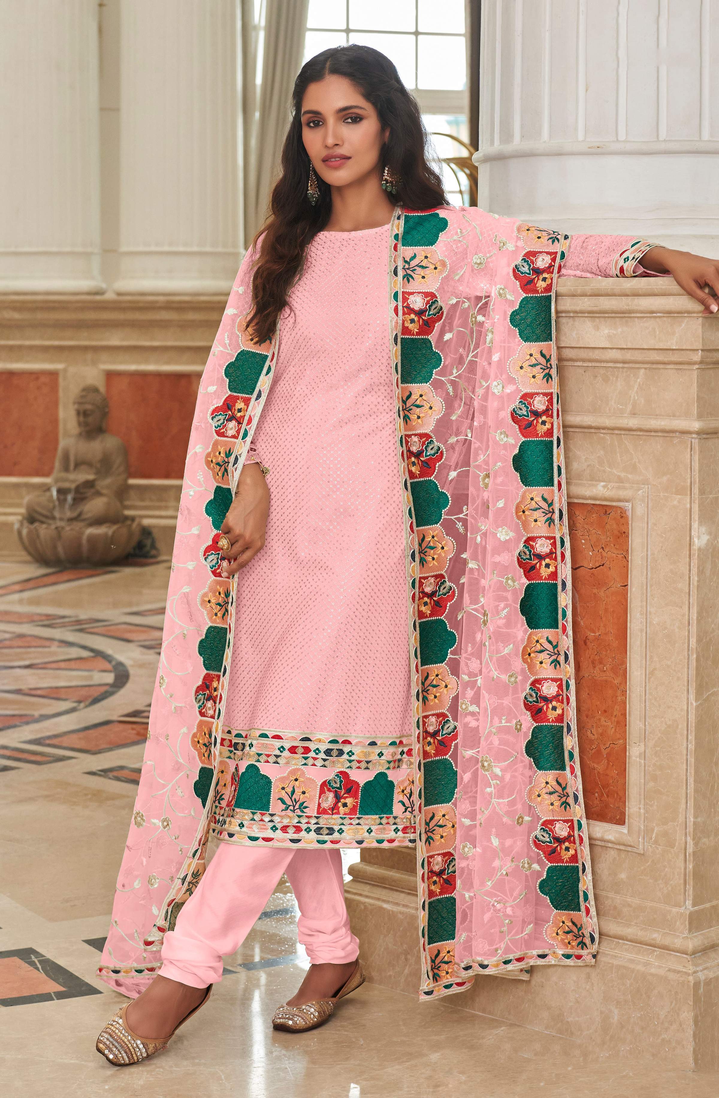Monjolika Fashion Light Pink Embroidered Georgette Churidar Salwar Suit