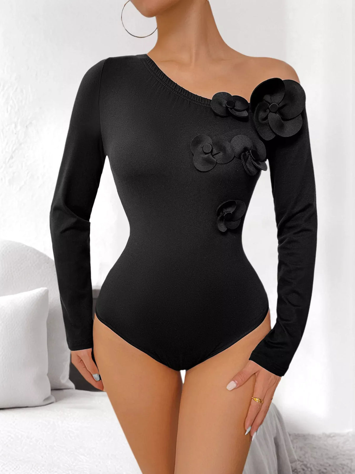 Flower One Shoulder Long Sleeve Bodysuit
