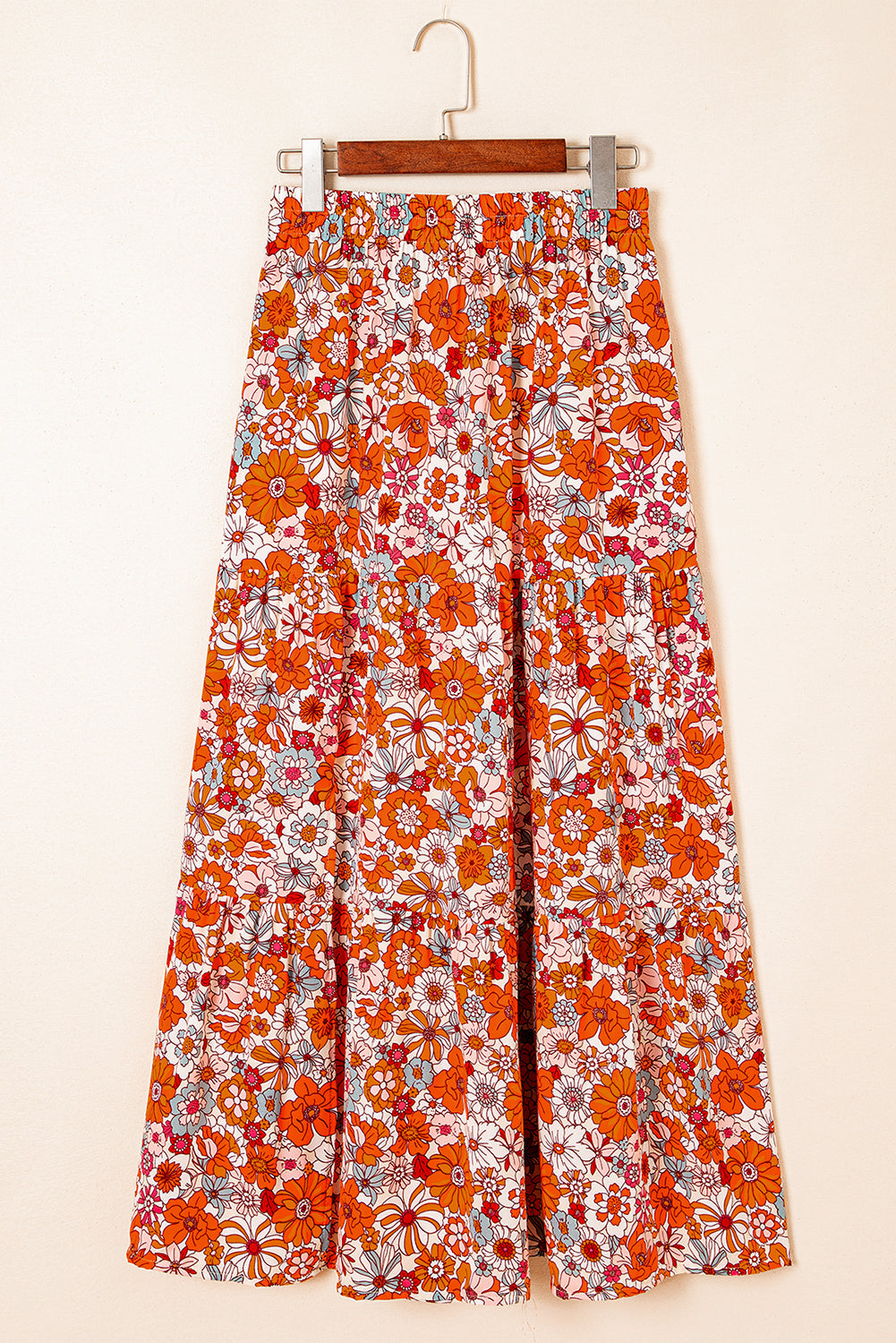 Boho Floral Tiered Maxi Skirt with Side Split - Relaxed Fit