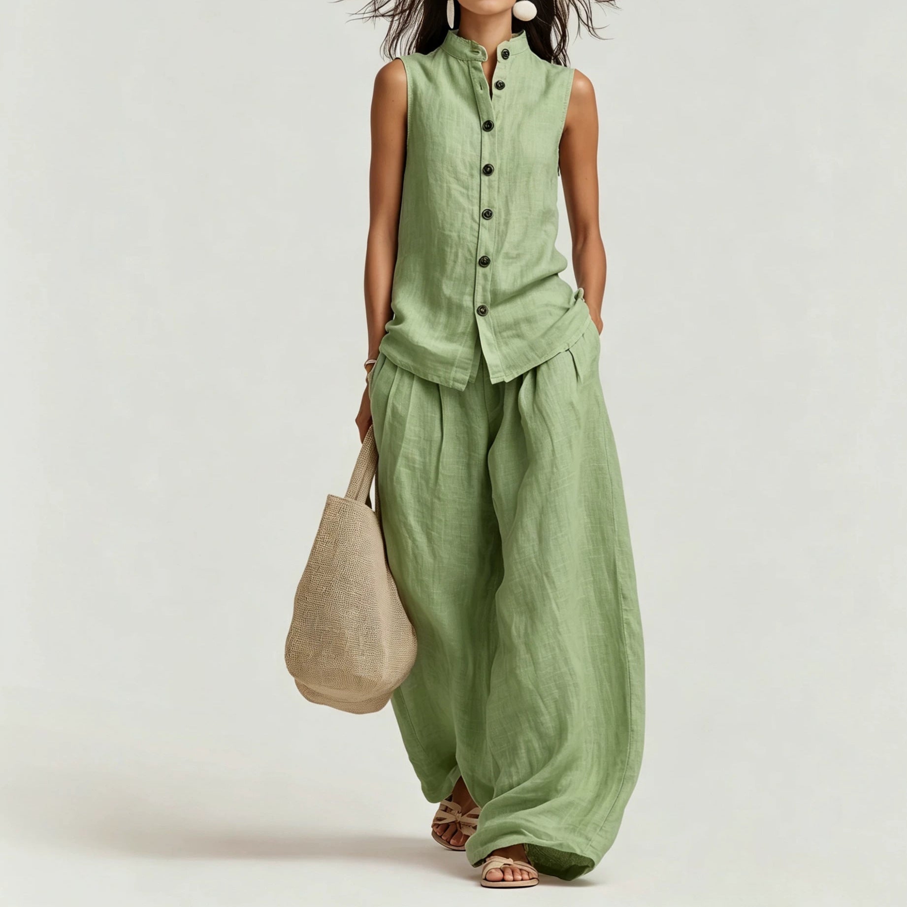 Women's Cotton-Linen Sleeveless Button-Down Vest and Wide Leg Set - Image 5