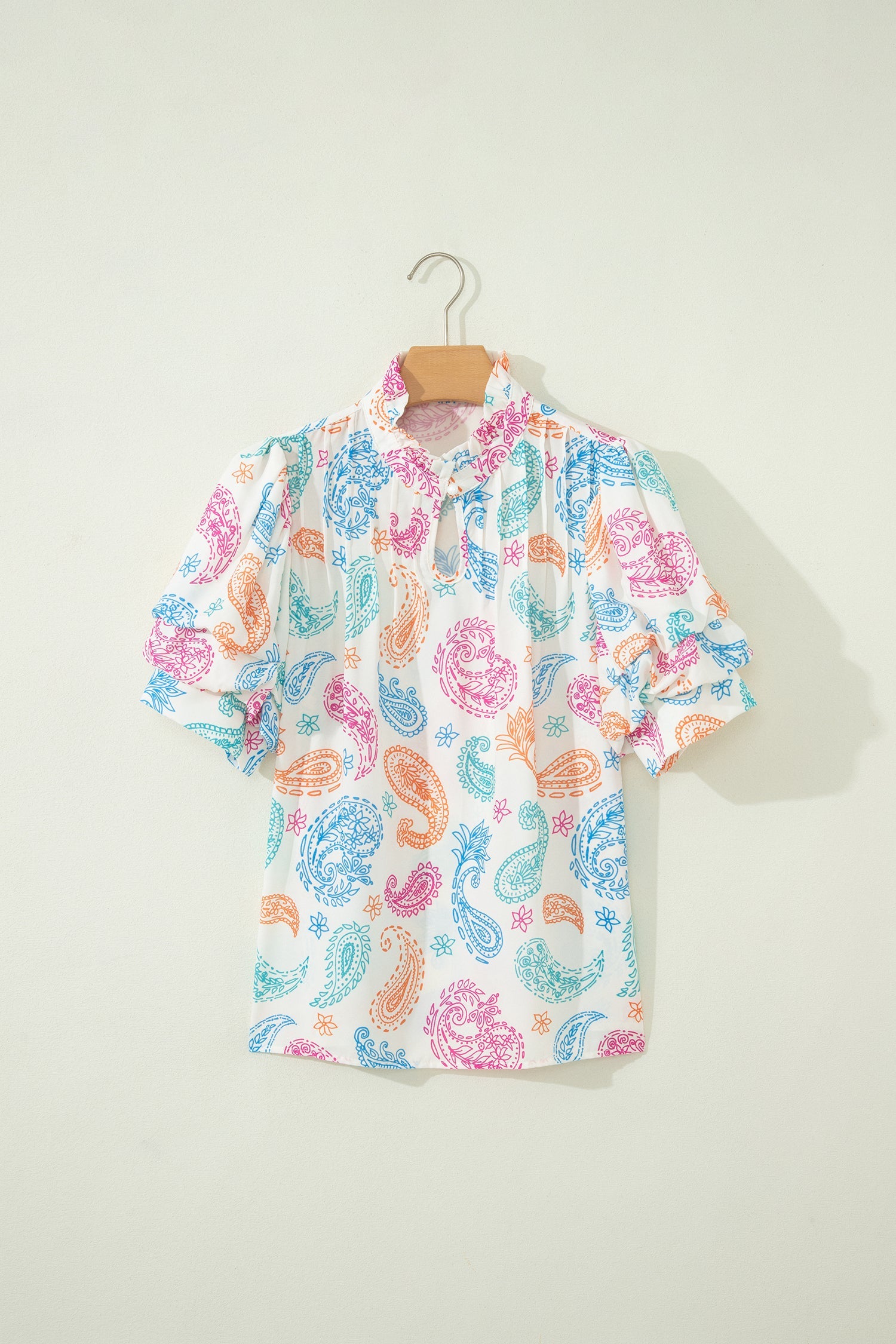 Paisley Button Keyhole Puff Sleeve Blouse
