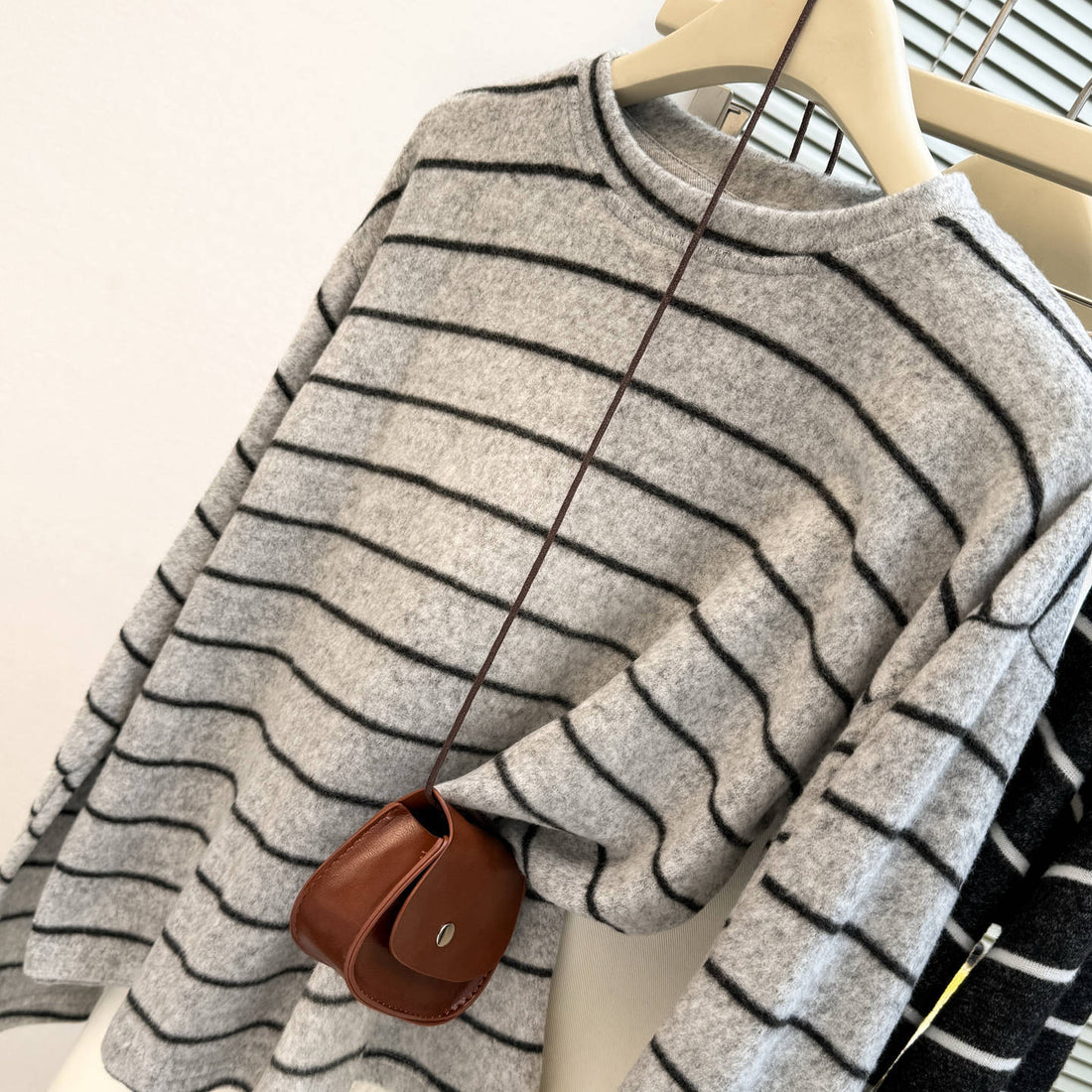 Women's Grey Striped Fleece-Lined Crew Neck Long Sleeve Sweater - Image 2