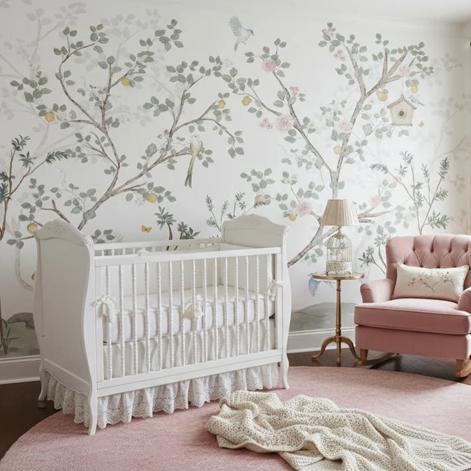 Quinlan chinoiserie floral wallpaper in sage-green, pale-pink, and soft-yellow on a white background.