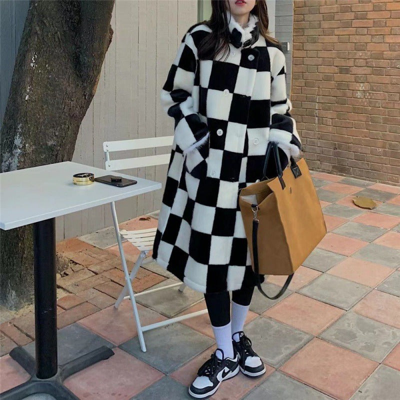 Women's Elegant Black & White Checkerboard Double-Breasted Long Coat - Image 3
