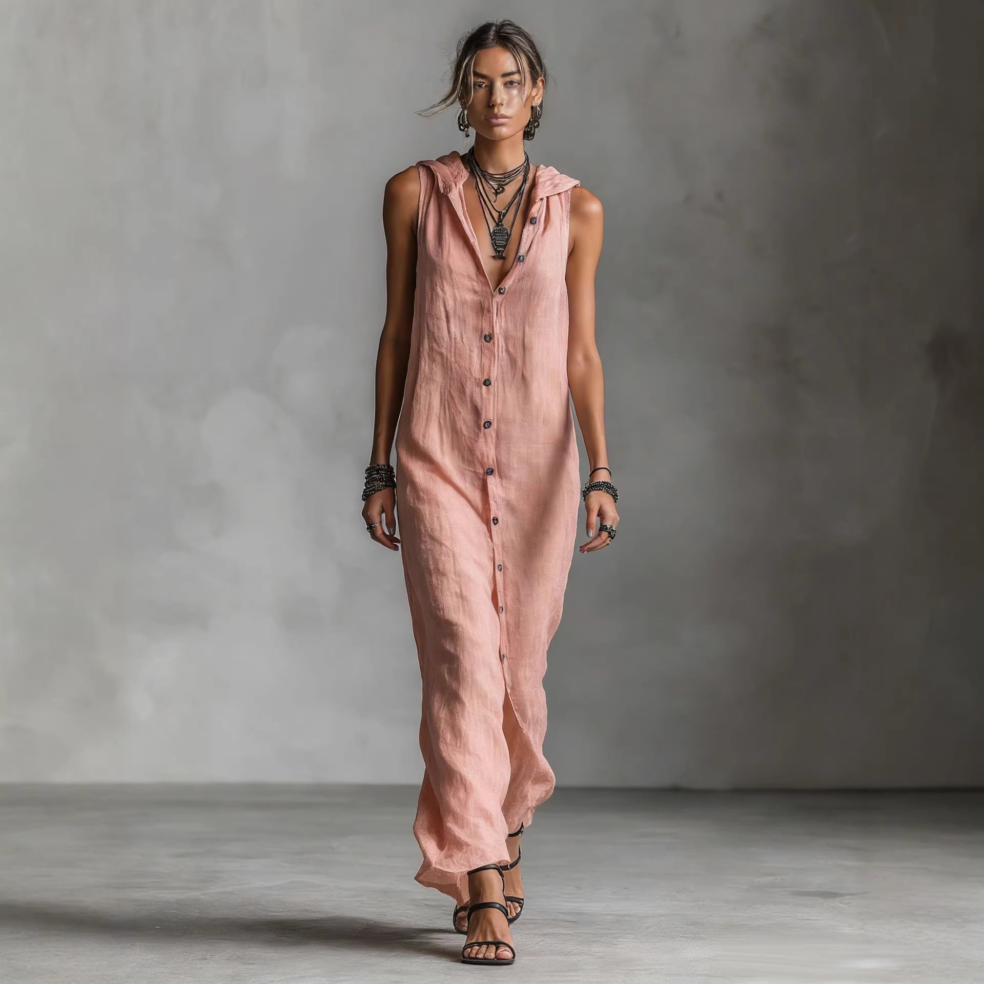 Women's Sleeveless Button-Down Hooded Maxi Dress - Image 3