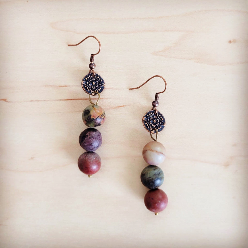 Frosted Picasso Jasper Beaded Drop Earrings with Copper Accents - Image 3