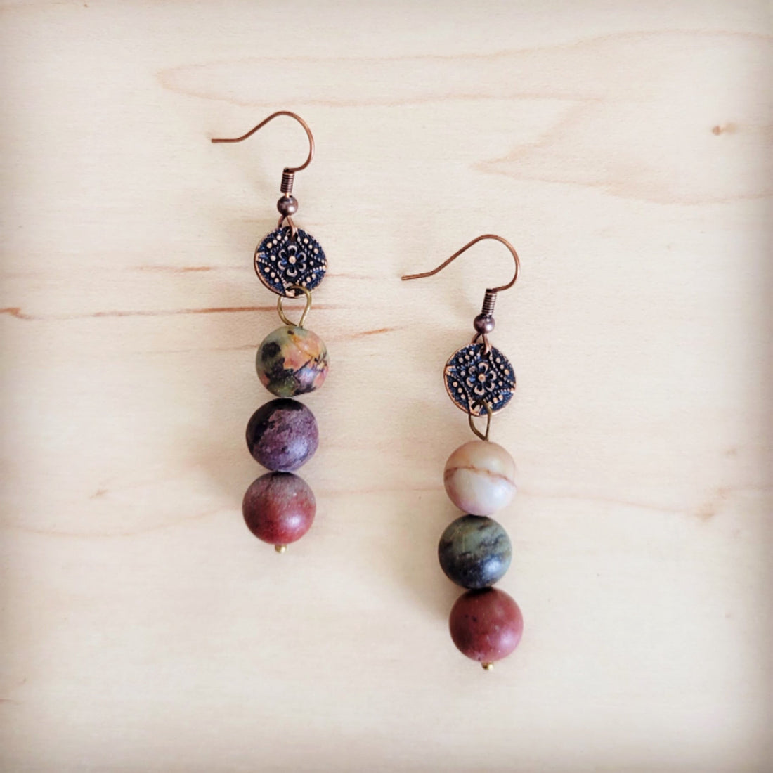 Frosted Picasso Jasper Beaded Drop Earrings with Copper Accents - Image 3