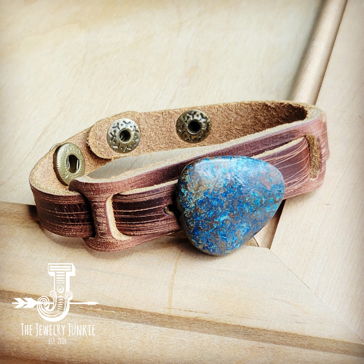 Genuine Ocean Agate Slab and Leather Snap Cuff Bracelet - Image 3