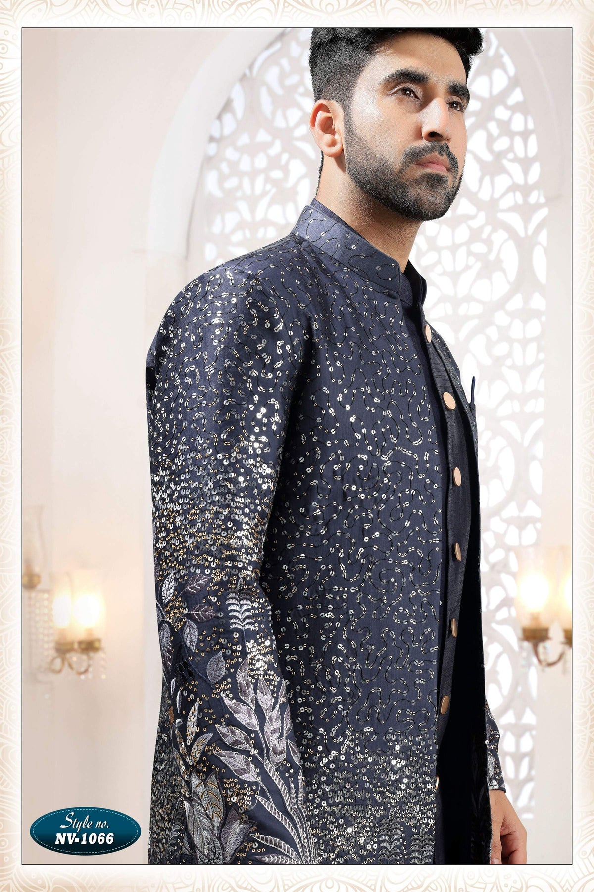 Men's Blue Straight Silk Kurta Set with Thread & Sequence Work