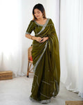 Olive Green tissue silk saree with intricate sequence embroidery work