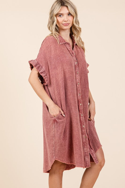Mineral Wash Cotton Gauze Mini Shirt Dress with Ruffle Sleeves