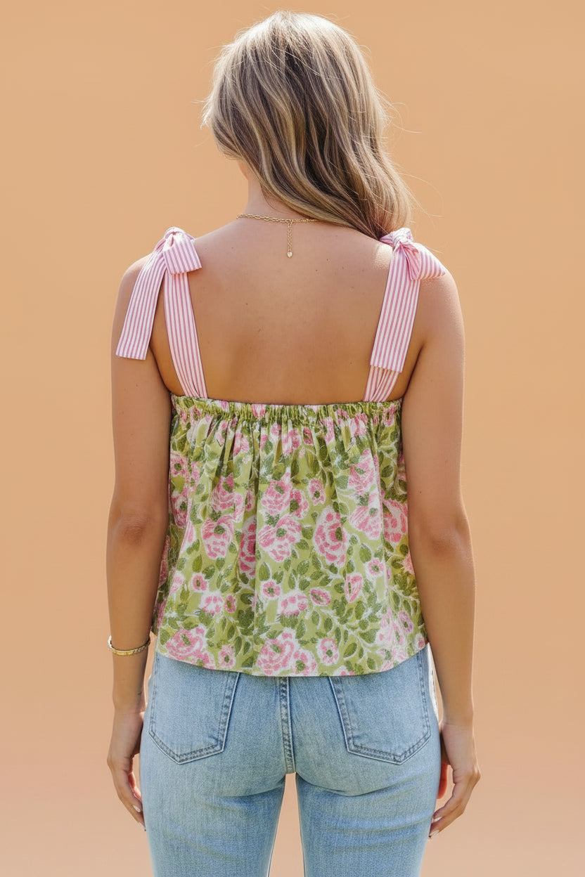 Floral Stripe Babydoll Tank Top with Tie Strap Detail