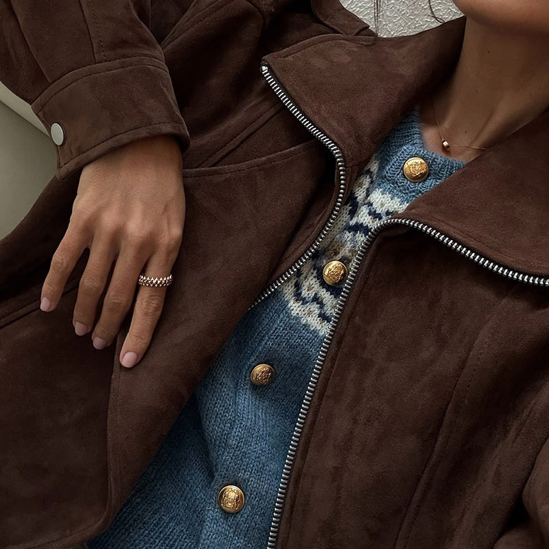 Women's Casual Suede Zip Up Jacket Fall Outerwear - Image 4