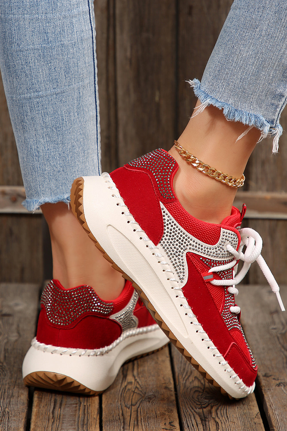 White Rhinestone Platform Sneakers Casual Lace Up Trainers