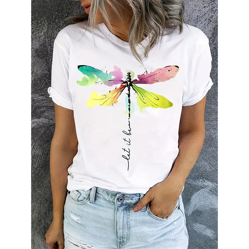 Women's Dragonfly Print Short Sleeve Tee in White