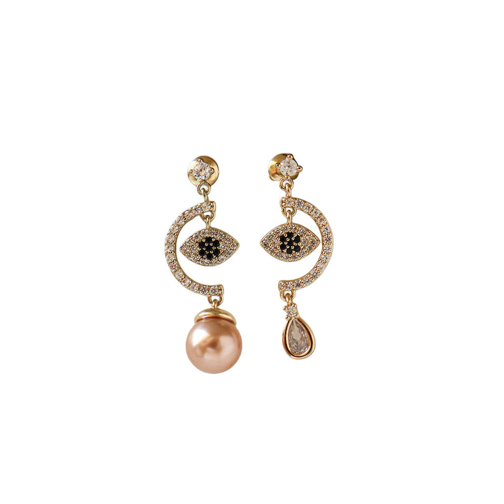 Asymmetric Micro-Set Zircon Evil Eye Earrings