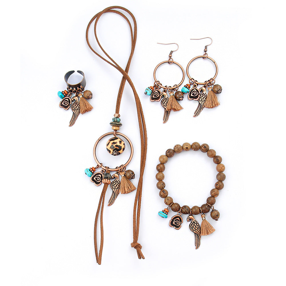 Bohemian Retro Leopard Print Personalized Jewelry Sweater Chain Design Bird Earrings Ring Bracelet Wholesale Yiwu