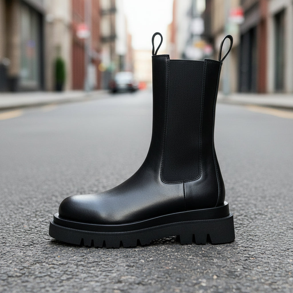 Women’s British-Style Mid-Calf Leather Boots with Thick Sole