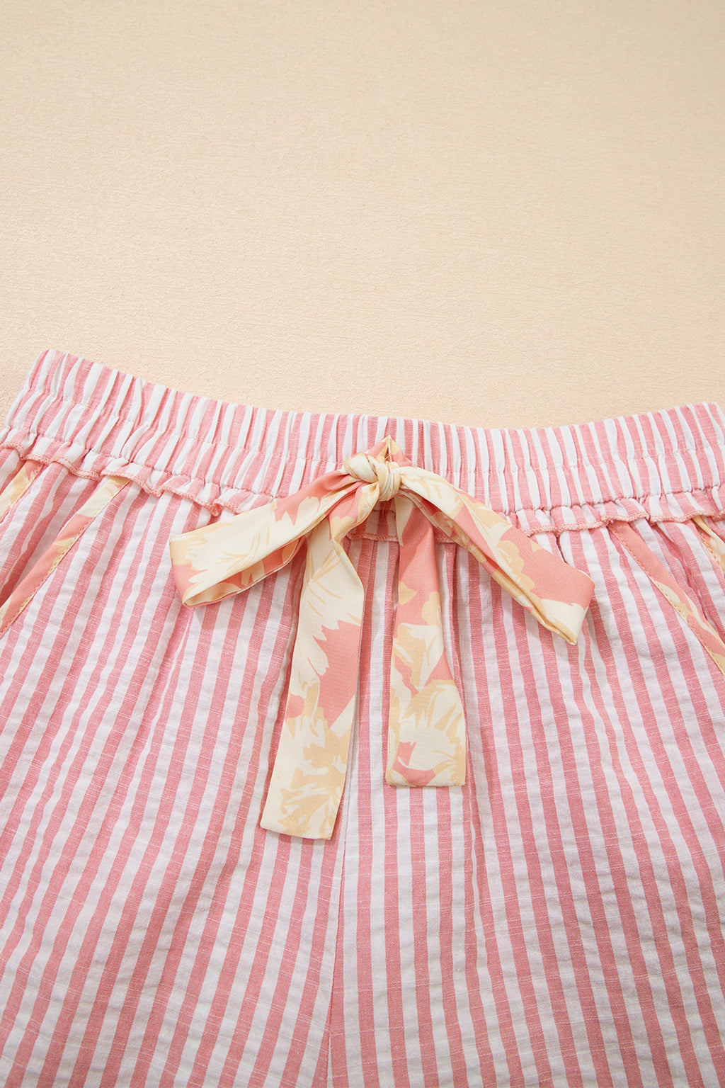 Floral Trim Ribbon Knot Casual Stripe Shorts