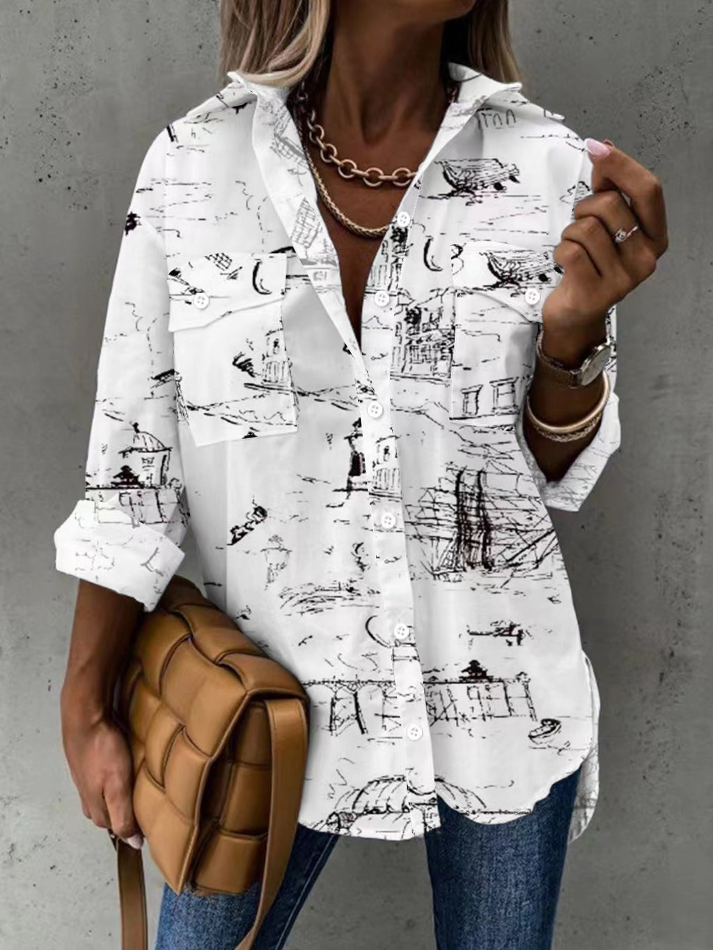 Women's Long Sleeve Button Down Shirt with Pocket Detail - Image 6