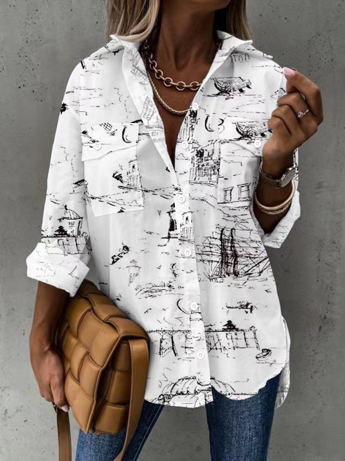 Women's Long Sleeve Button Down Shirt with Pocket Detail - Image 6