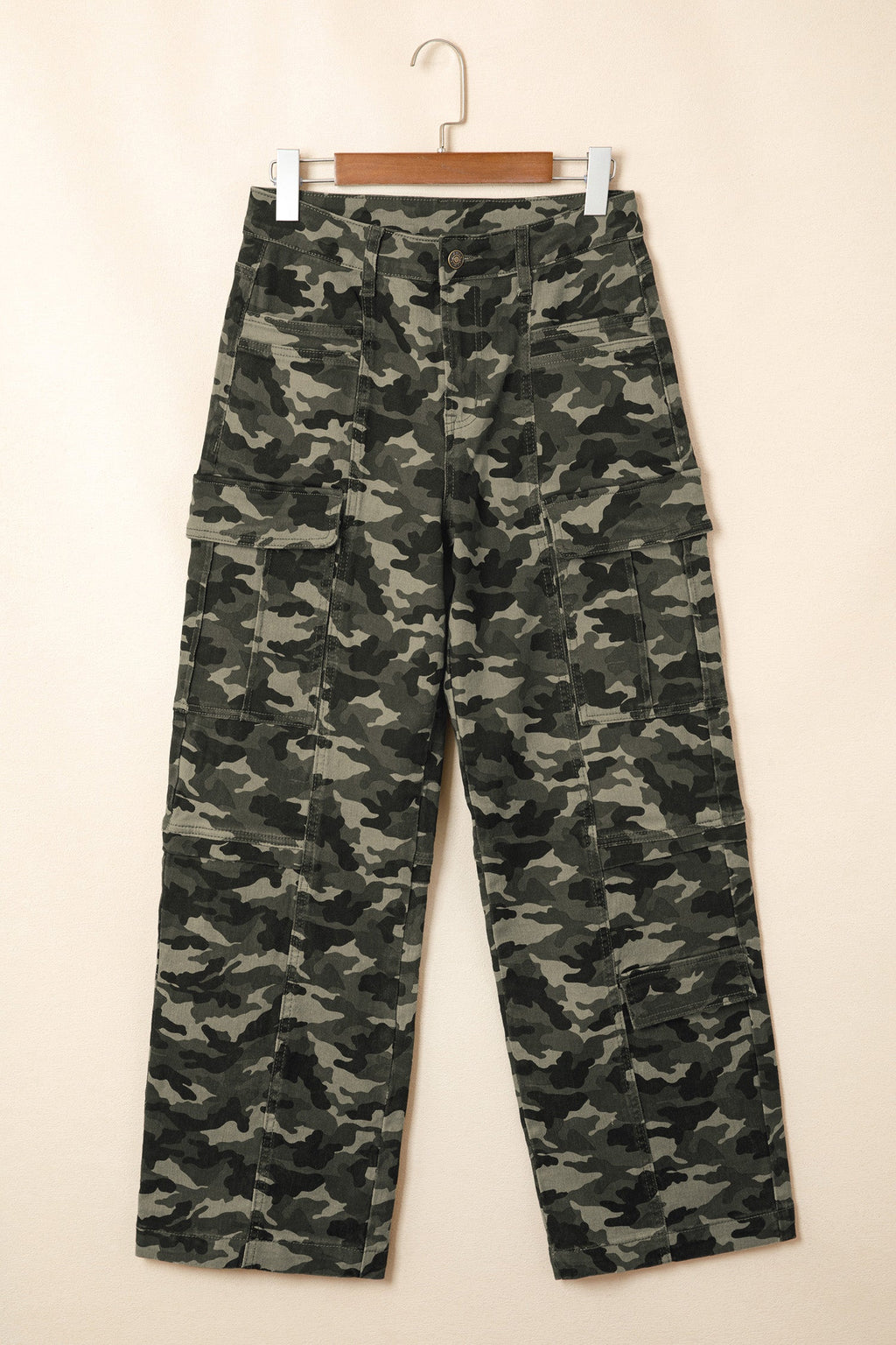 Camo Denim Cargo Wide Leg Pants High Rise Streetwear Utility Jeans