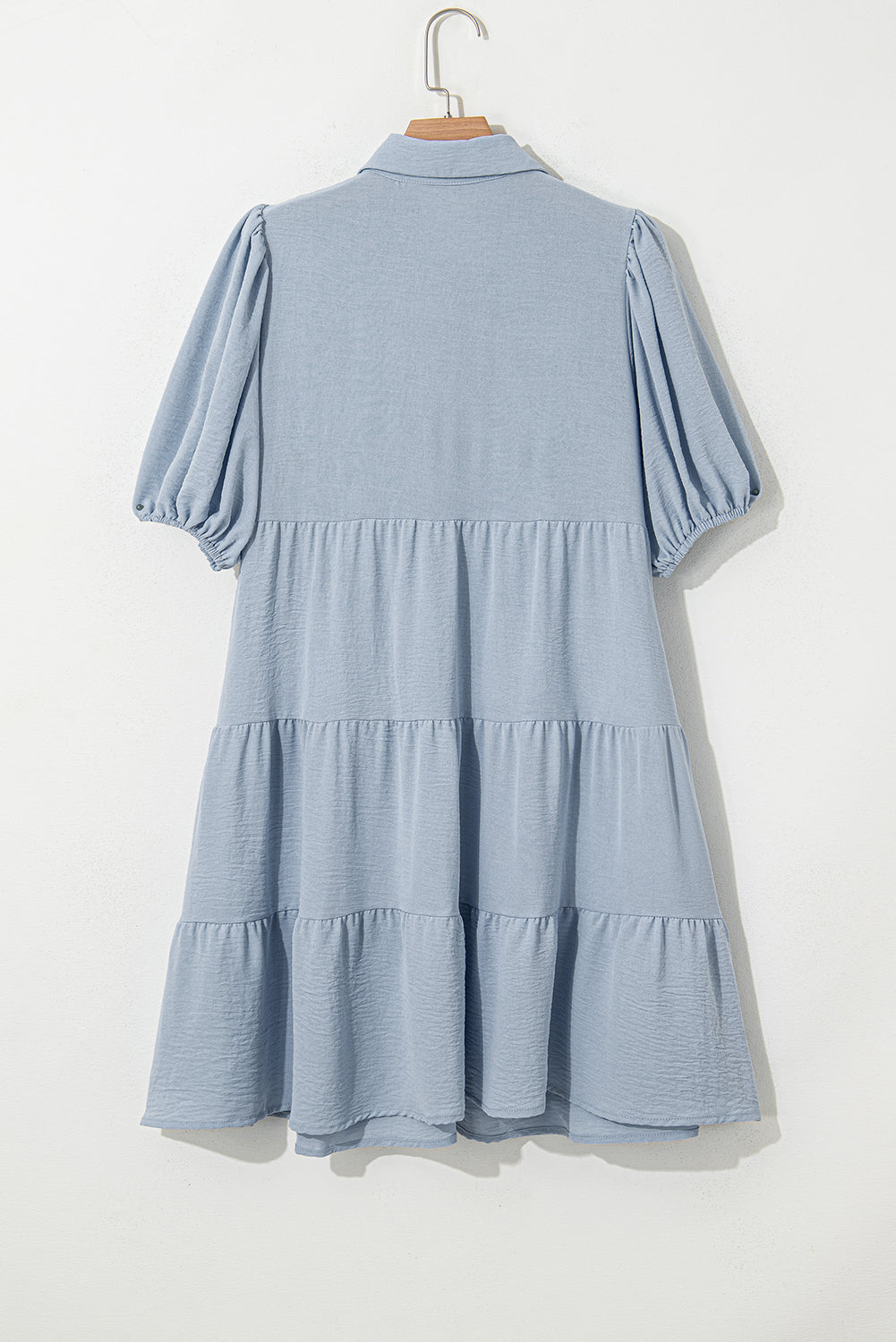 Beau Blue Shirt Collar Button Up Puff Sleeve Tiered Shift Dress