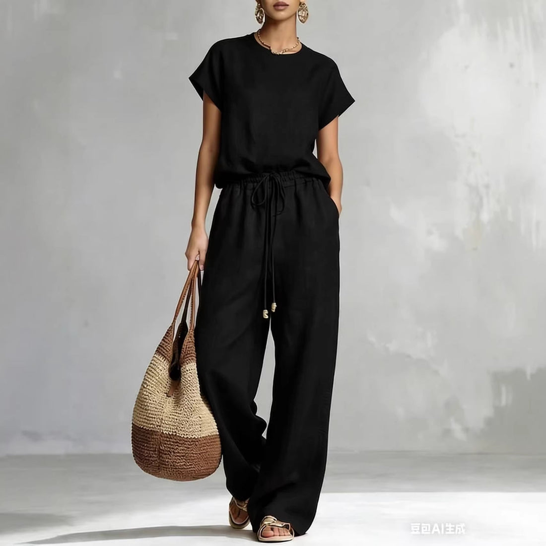 Women's Zip-Front Short Sleeve Top and Wide-Leg Pants Set - Image 3