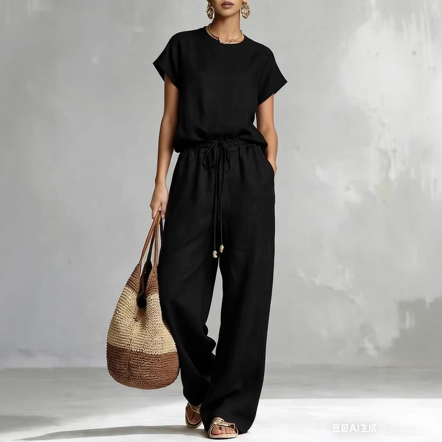 Women's Zip-Front Short Sleeve Top and Wide-Leg Pants Set - Image 3