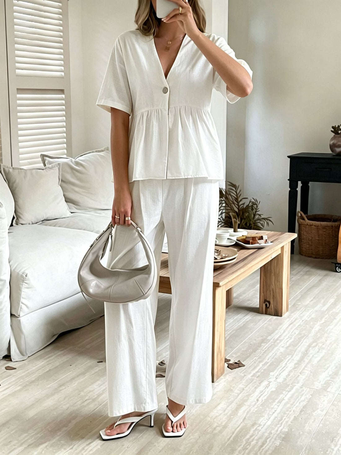Women's V-Neck Peplum Top and Wide-Leg Pants Two Piece Set - Image 14