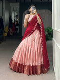 Peach Cotton Silk lehenga choli set with elegant Zari weaving details.
