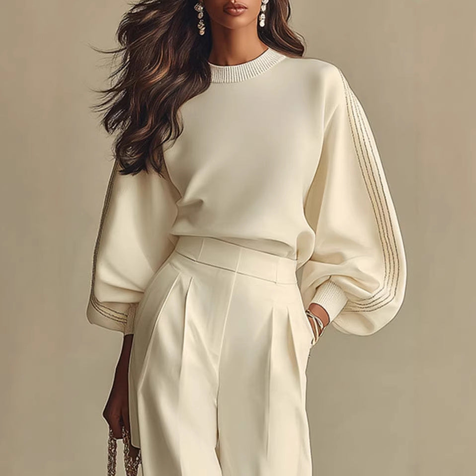 Women’s Round Neck Cream Sweatshirt and Matching Pants Set - Image 2