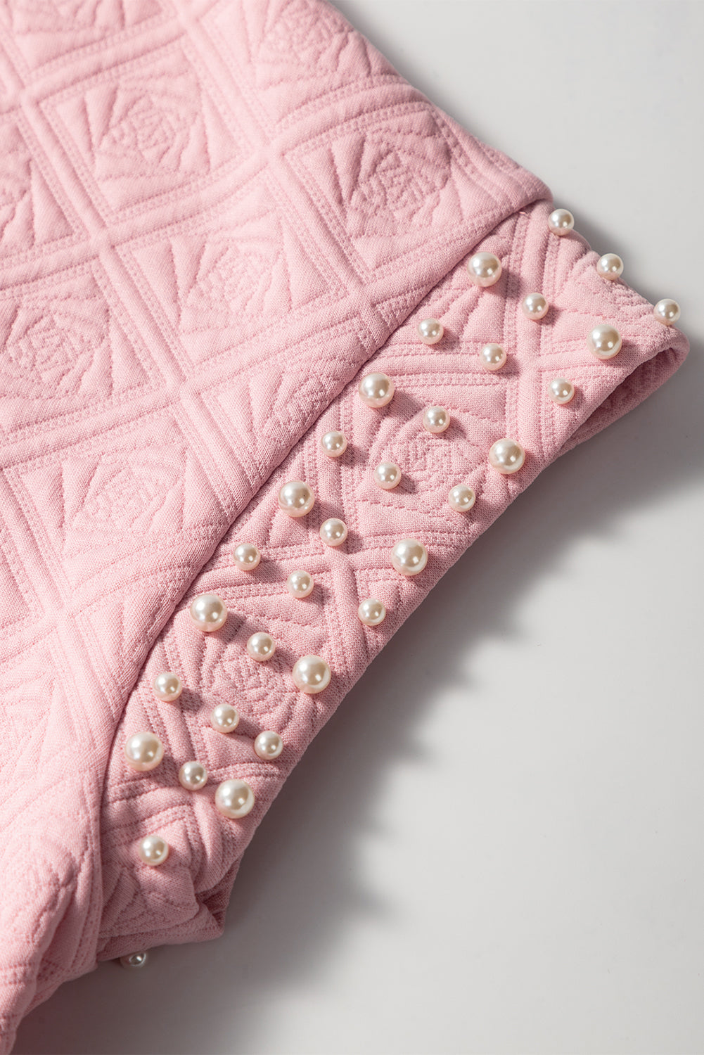 Light Pink Pearl Embellished Flower Textured T-Shirt