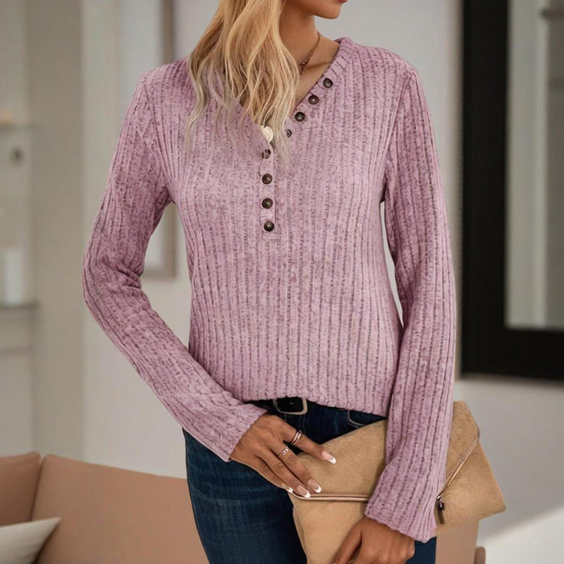 Women's V-Neck Button Front Long Sleeve Ribbed Knit Top - Image 4