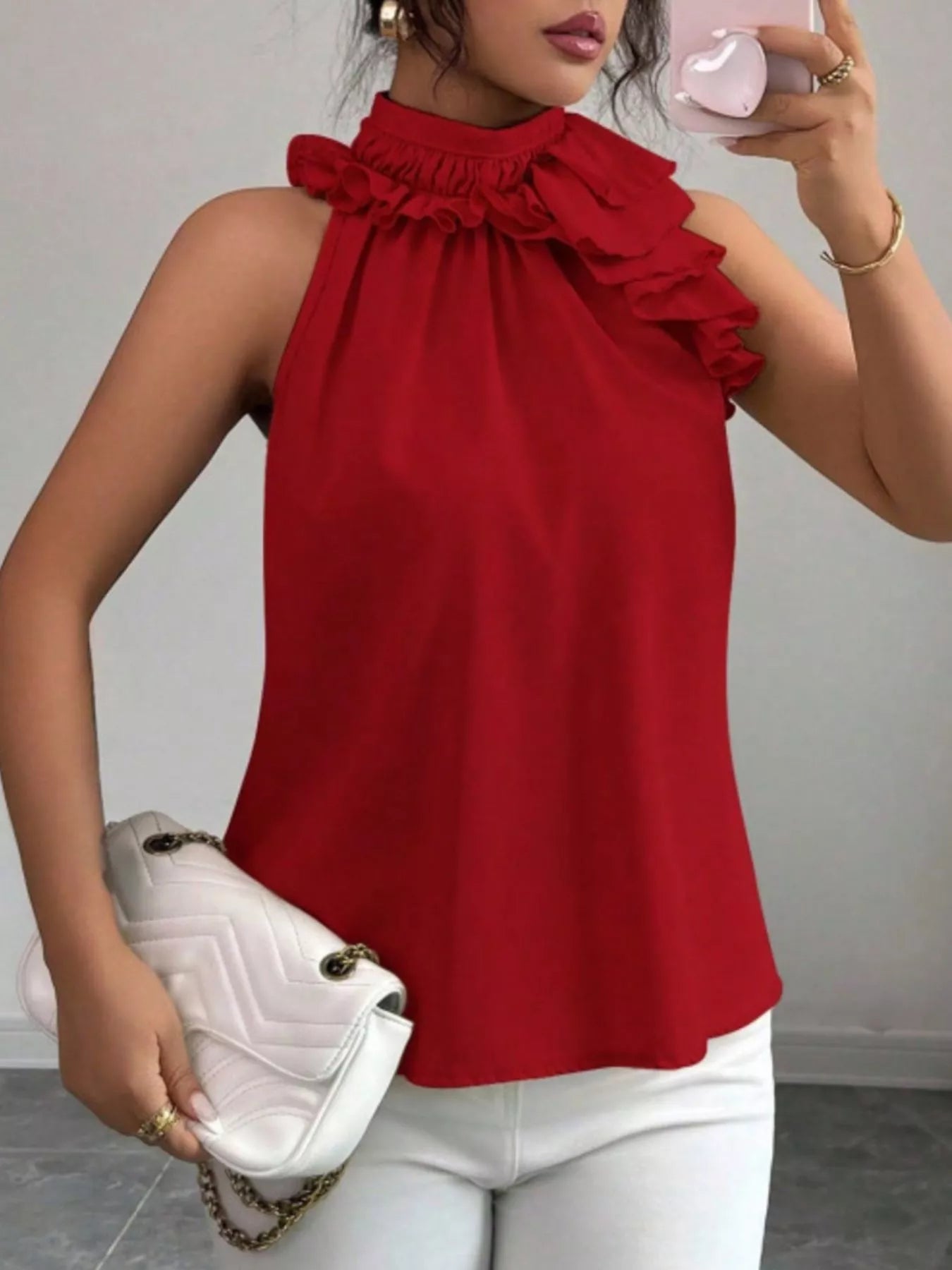 Ruffle High Neck Sleeveless Tank